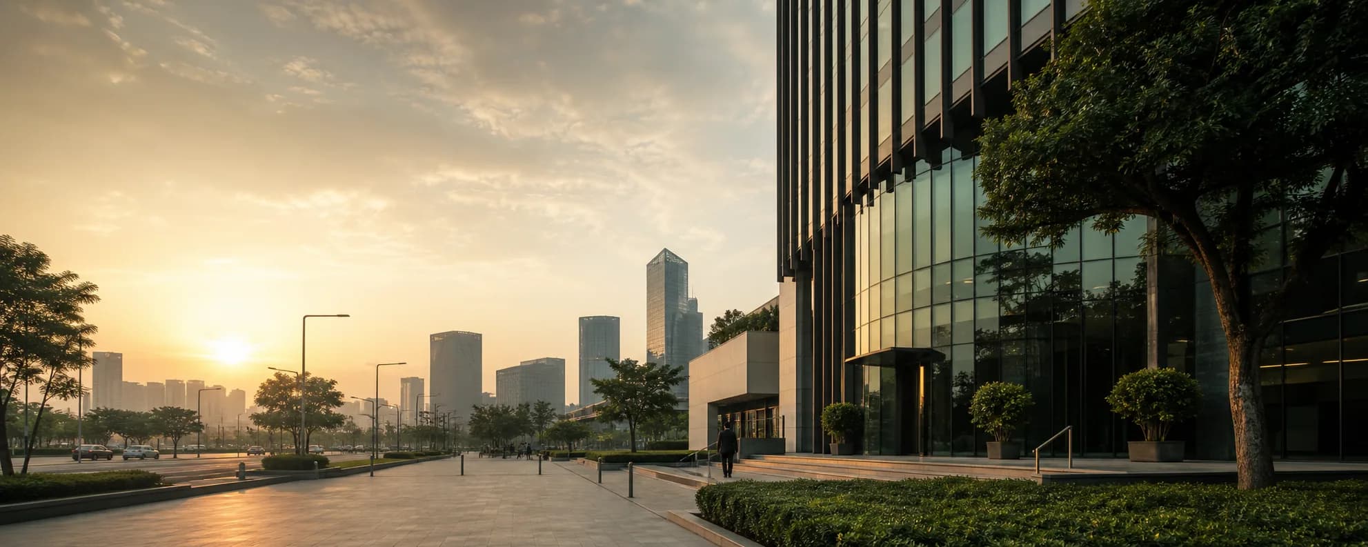 Modern African business district at sunrise