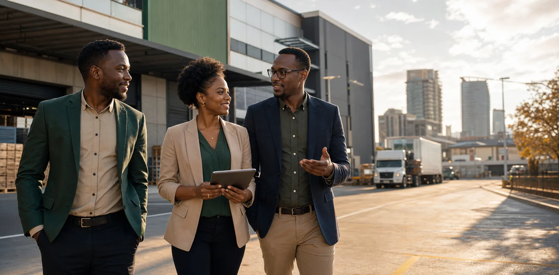 African business leaders walking through a modern commercial district