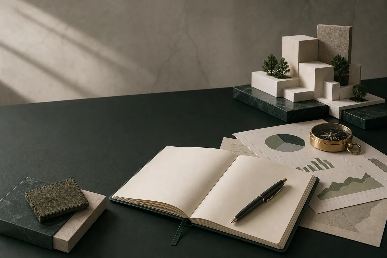 Notebook, compass, architectural model, and analytical charts on a deep green desk